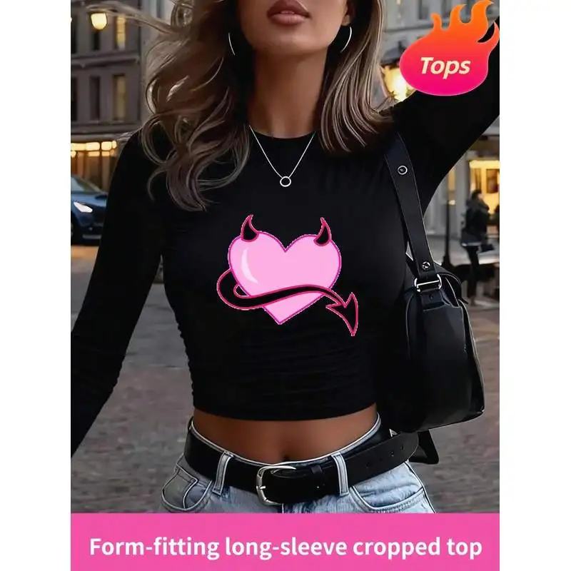 2026 New Geometric Printed Long-Sleeve Cropped T-Shirt For Women, Slim Fit, Waist-Revealing,Fall Clothes For Women,Tops