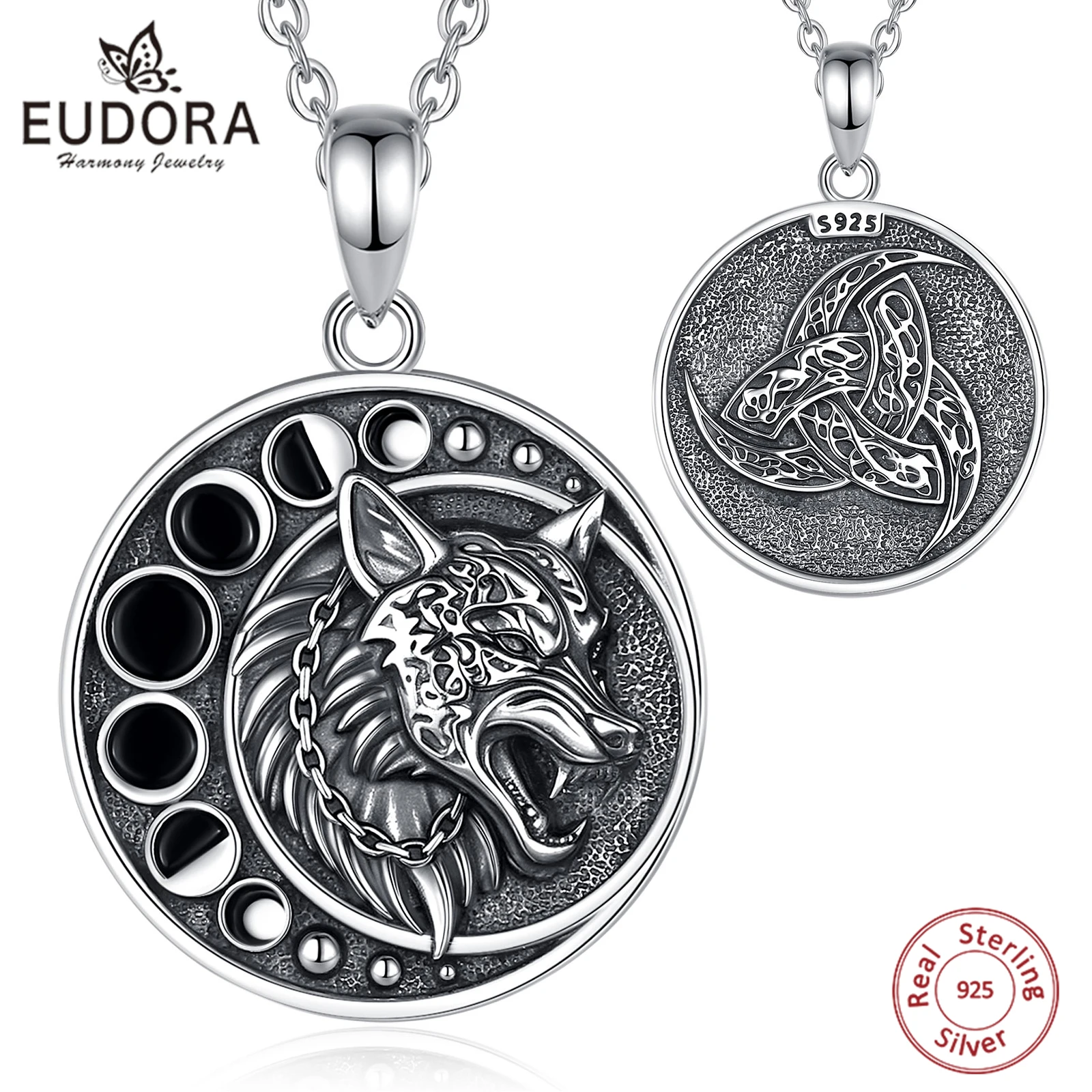 

Eudora 925 Sterling Silver Viking Wolf Necklace for Men Women Celestial Moon Phase Amulet Pendant Triquetra Jewelry Gift Idea