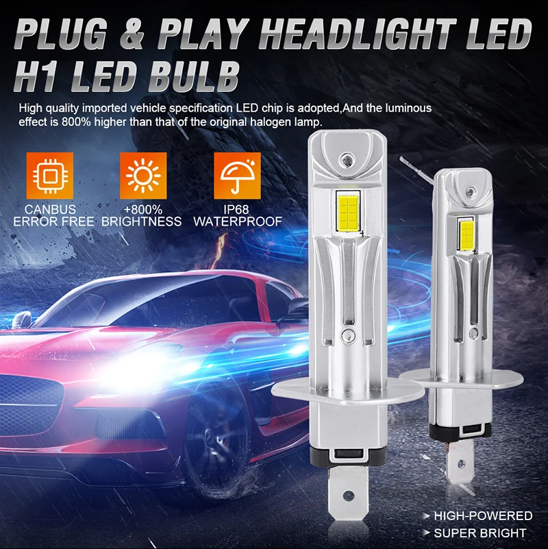 2PC 30000LM H1 LED Car Headlight Bulb H1 LED Canbus 1: 1 Size Fanles Wireless Mini Size LED Bulb LED Plug and Play 6000K 12V 24V