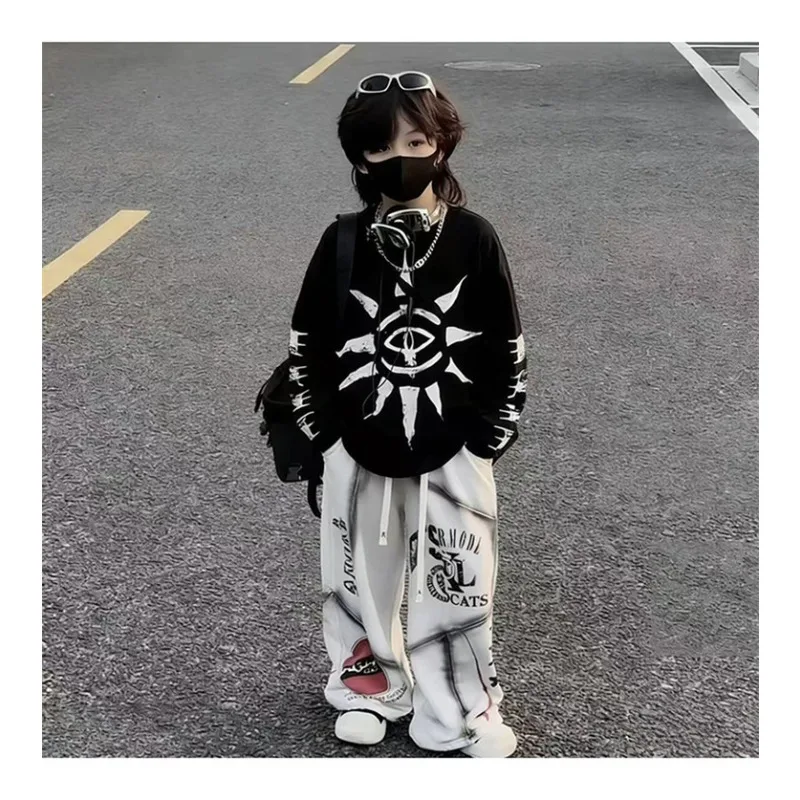2026 Spring Boys' and Girls' Cool and Stylish Hip Hop Loose Long-Sleeve Sweatshirt + Printed Pants Casual Two-Piece Set
