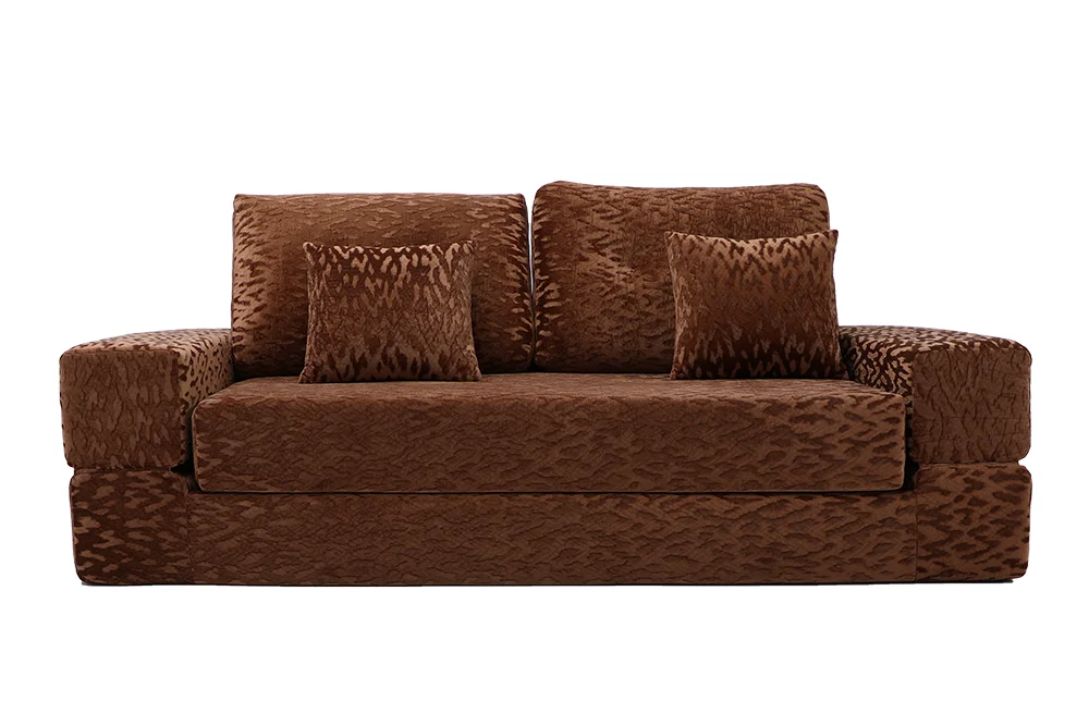 #Compressed Brown Convertible Sofa Bed Set Vacuum Packed Patterned Velvet with Pillows Space-Saving Hotel Living Room