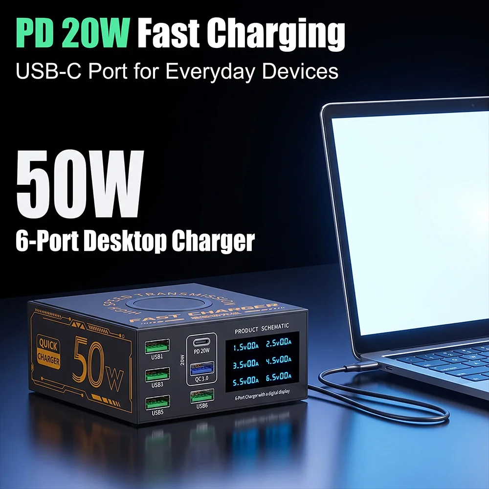 MRSVI 50W 6-Port USB-C Desktop-Ladestation mit PD20W & QC3.0, LED-Display, Schnellladung für iPhone/iPad/Samsung – Detail 4