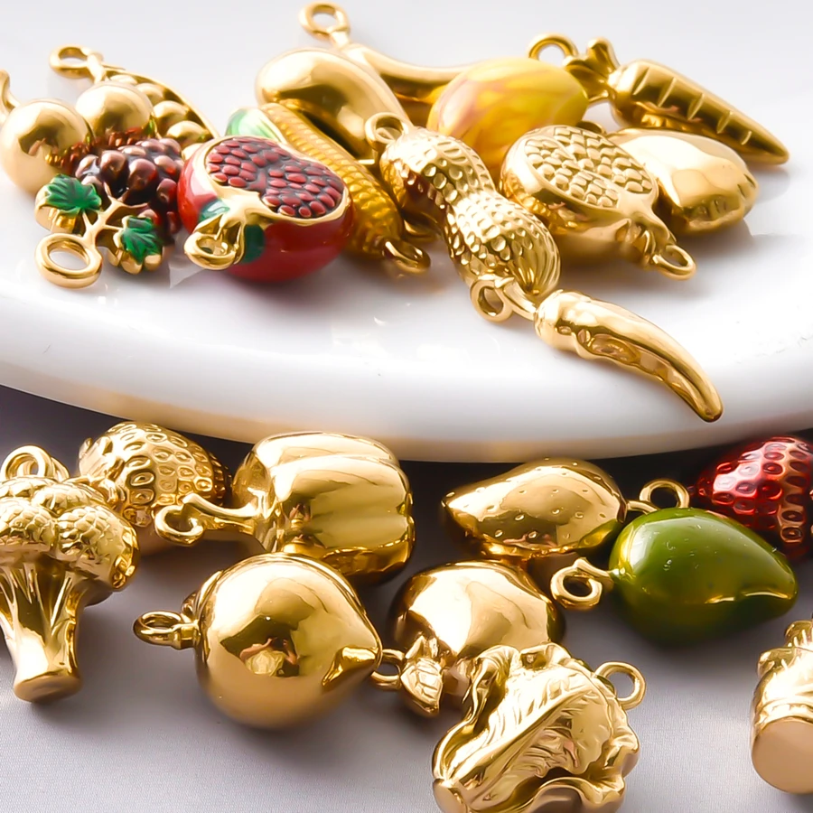 8Pcs Stainless Steel Vegetables Fruits Charms Creative For jewelry Making Carrots Broccoli Grapes Pomegranate Mango Pendants