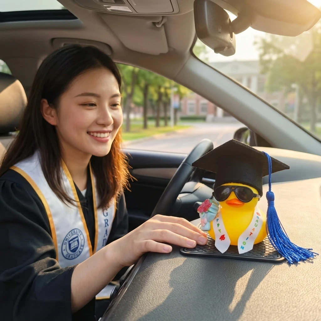 Graduation PhD Hat Yellow Duck Car Ornament PVC Material Non-Slip Base For Vehicle Decoration Gift