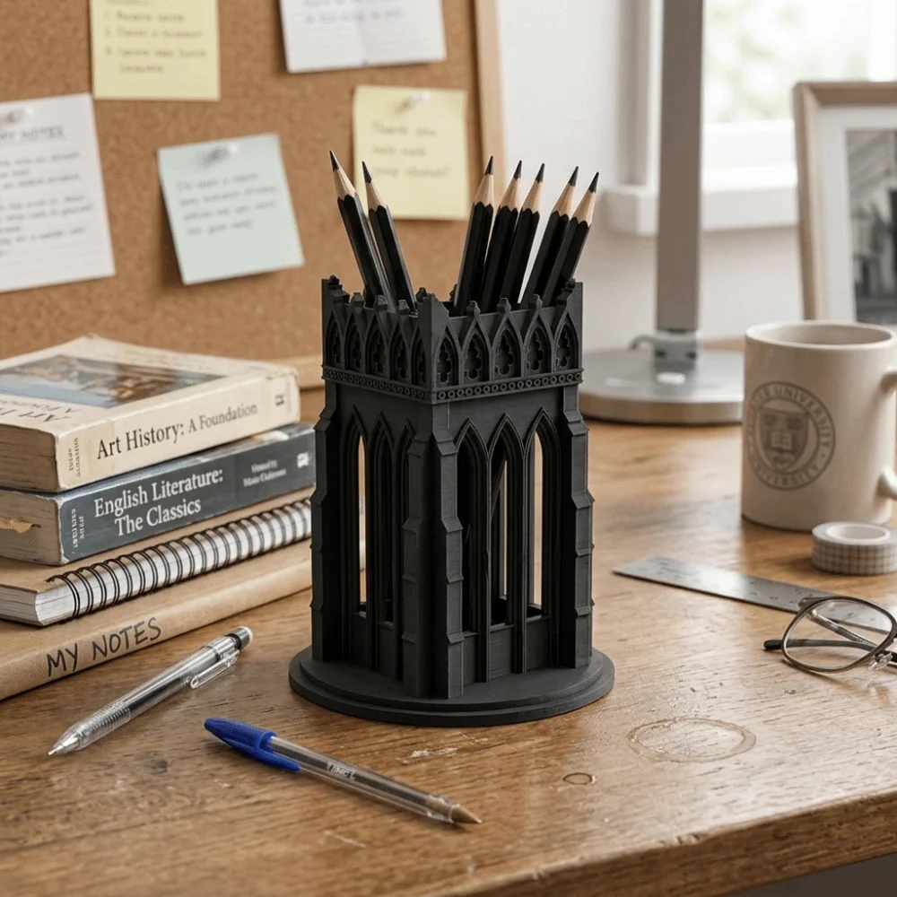 Retro Gothic Church-Style Pen Holder Vintage 3D Printed Desktop Ornament Large Capacity Classic Storage Display Shelf Home