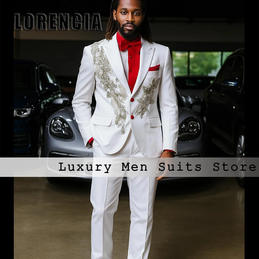 

Sparkly Diamond Appliques Male Suits 2 Pieces Flat Collar Tuxedos Wedding Party Outfits Customized Blazer Pants costumes homme