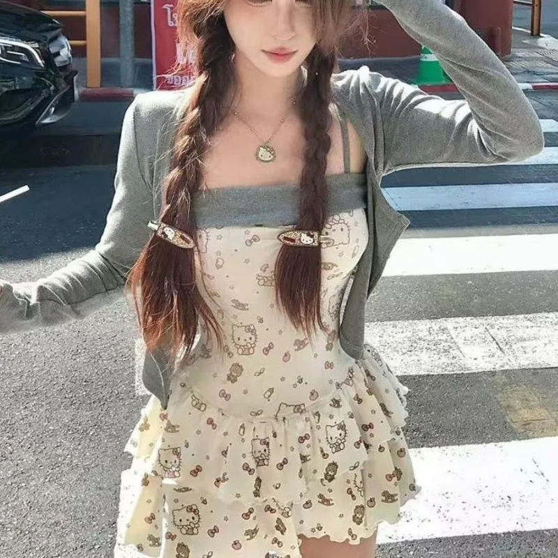 Set Rok 2 Potong Slim Fit Bunga Hello Kitty Manis Baru Musim Panas untuk Wanita Gaun Tali Gaya Elegan Bercinta Pinggang & Atasan Kardigan