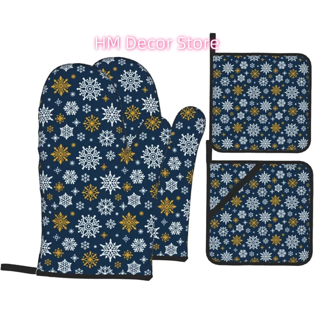 Christmas White Golden Snowflakes Oven Mitts and Pot Holders Sets of 4, Merry Christmas Cooking Gloves Holiday Country Style Ove