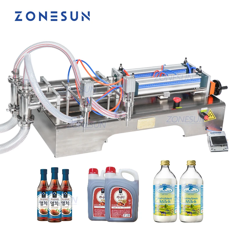 ZONESUN-máquina de llenado de líquido de pistón totalmente neumática, sistema de embalaje de embotellado de aceite de palma de Alcohol, 2 boquillas