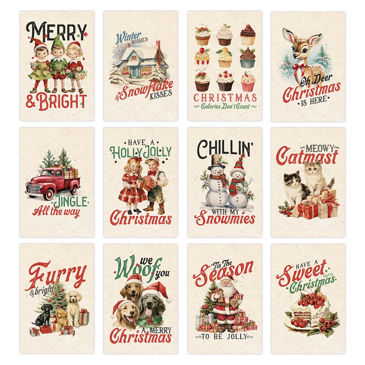 12-pak kartek świątecznych w stylu vintage, zabawny zestaw pocztówek z motywem Santa, pies i kot, dekoracje świąteczne w stylu retro, świąteczne karty podarunkowe