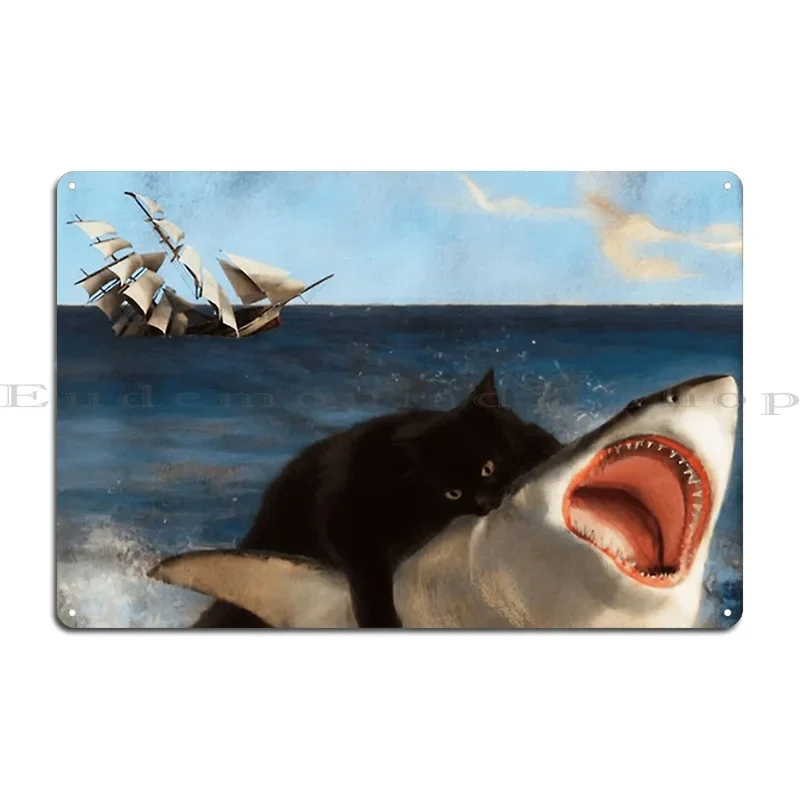 Black Kitty Attacking Great White Shark Nom Nom Metal Signs Pub Classic Iron  Designing Create Tin Sign Poster