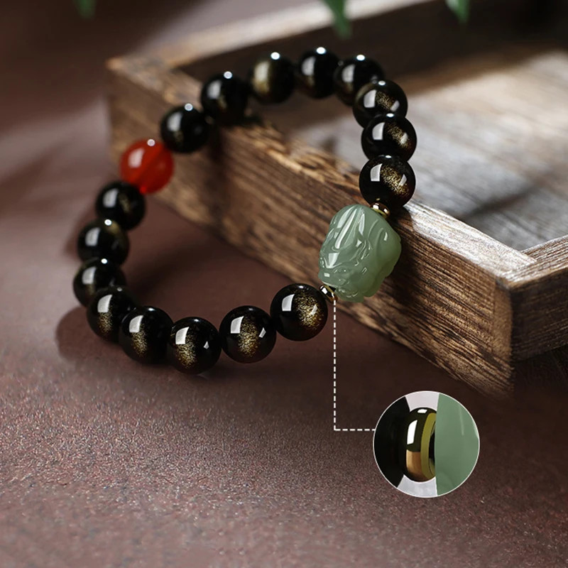 Hotan Jade Pixiu Bracelet Obsidian Couple Crystal Buddha Beads Hand String Handwear Stone Buddha Bead With Lucky