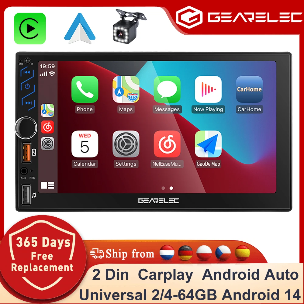 GEARELEC 7 Zoll Autoradio 2 Din Android 14 Carplay Android Auto Universelles Auto-Multimedia-Player Autoradio HD Touchscreen FM Bluetooth