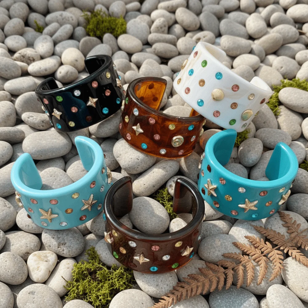 Chunky Shell Bracelets Resin Exaggerated Beach Rhinestone Bangle C-shaped Colorful Bright Open Bracelet Girls Accessories