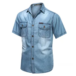 Camisas de mezclilla de manga corta para hombre, camisas de herramientas con múltiples bolsillos, camisas de Jeans azules de verano, camisas casuales de algodón de alta calidad, 3