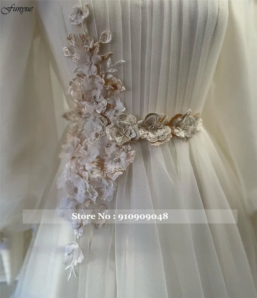 Funyue principessa avorio 3D fiori Abito da Sposa 2024 collo alto maniche lunghe abiti da Sposa per la Sposa a-line Tulle Abito da Sposa