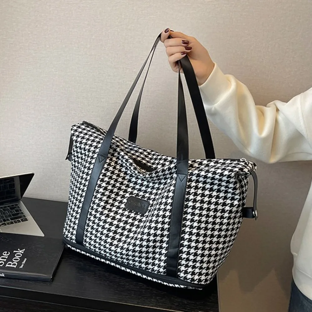 Double-Layer Plaid Travel Luggage Handbag Grid Oxford Cloth Stripe Fitness Yoga Gym Tote Bags Luggage Storage Bag Expandable