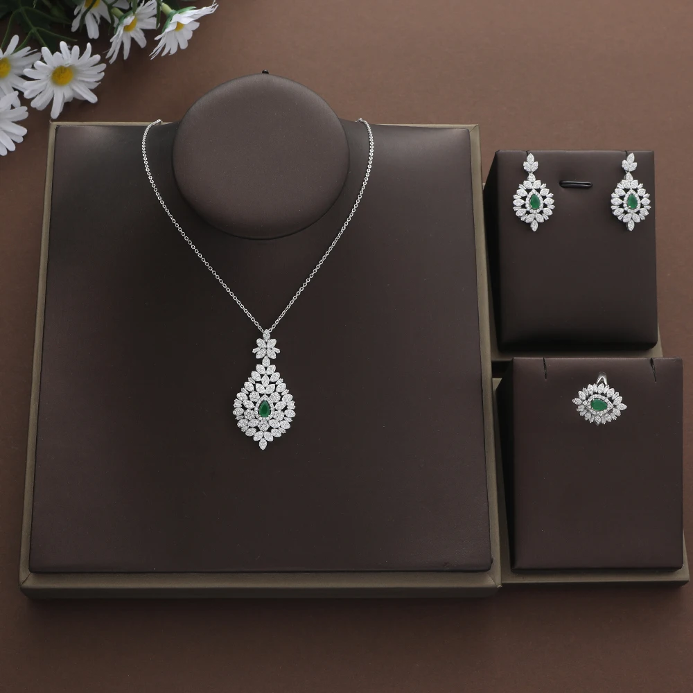 

New Luxury Waterdrop Hollow Out Leaves Cubic Zircon Engagement Dubai Naija Bridal Finger Rings Necklace Earring Jewelry Set S461