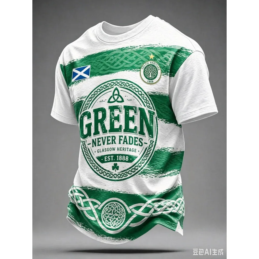 Green Never Fades EST 1888 Glasgow Skyline Celtic Knot Retro Shiny Pattern T-shirt Football Fan Casual Breathable Short-sleeved