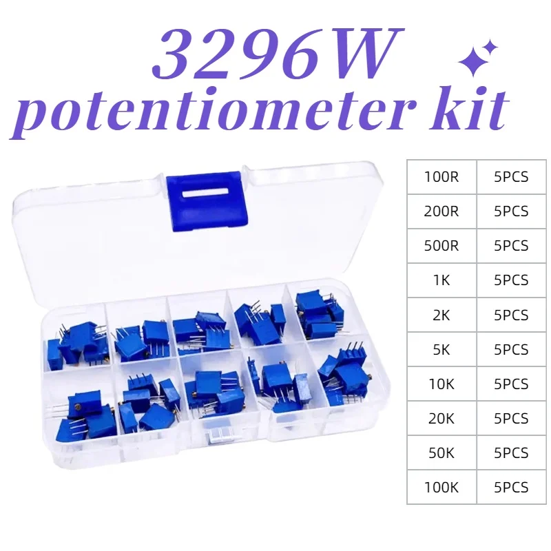 10 Kinds of 50pcs 3296W Multi-turn Precision Adjustable Resistor Trimmer Potentiometer ESC Kit 100R 200R 500R 1K 2K 5K 10K 20K 5