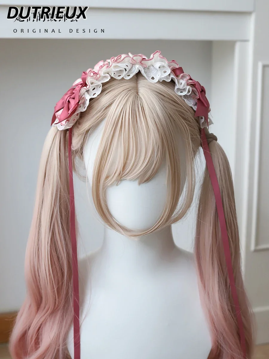 Japonês lolita arco artesanal orelha de coelho bandana doce e bonito menina rosa headwear duplo rabo de cavalo hairpin acessórios para o cabelo