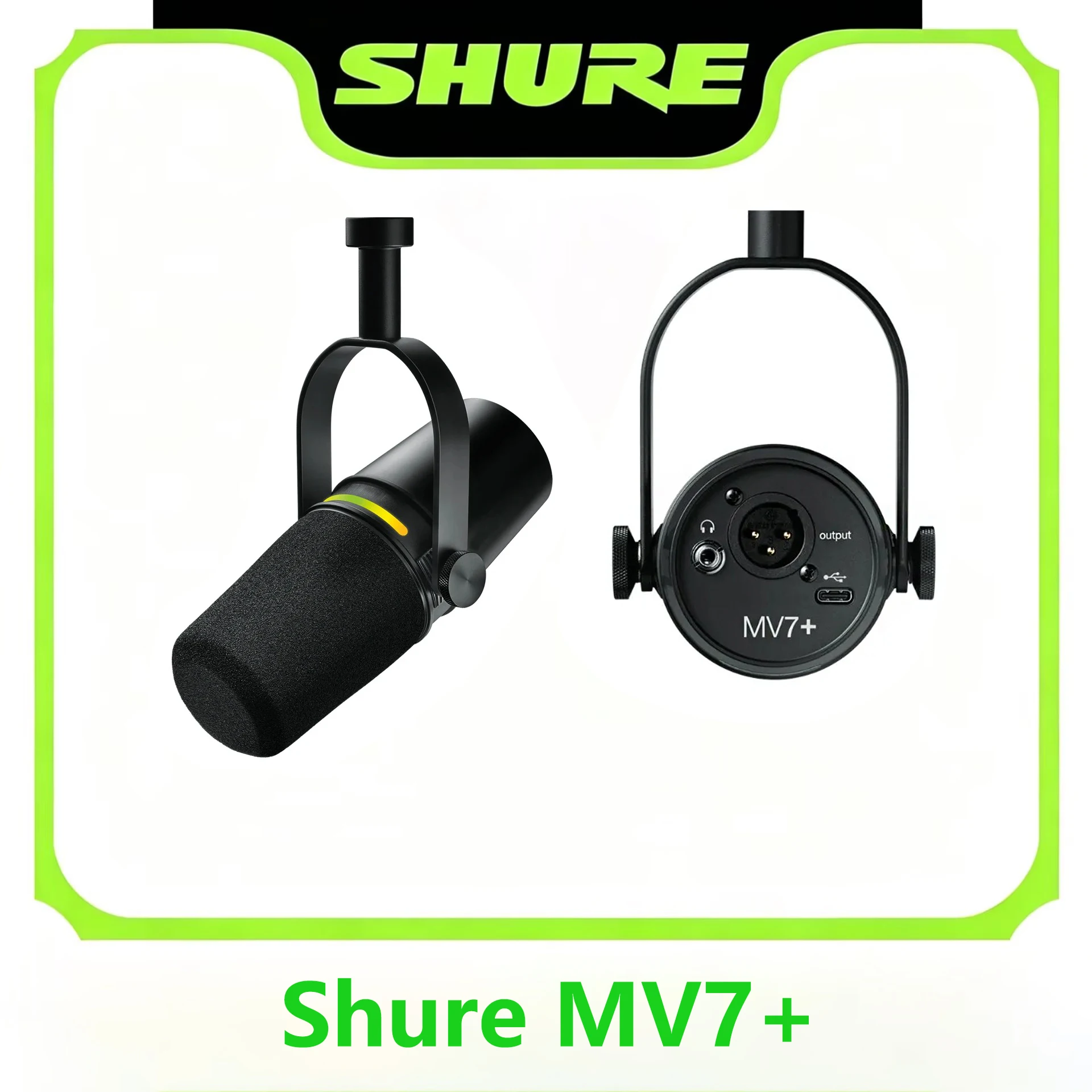 Microphone dynamique hybride XLR USB Shure MV7+ pour diffusion, avec prise casque intégrée et fonction de sourdine tactile, idéal pour l'enregistrement de voix off