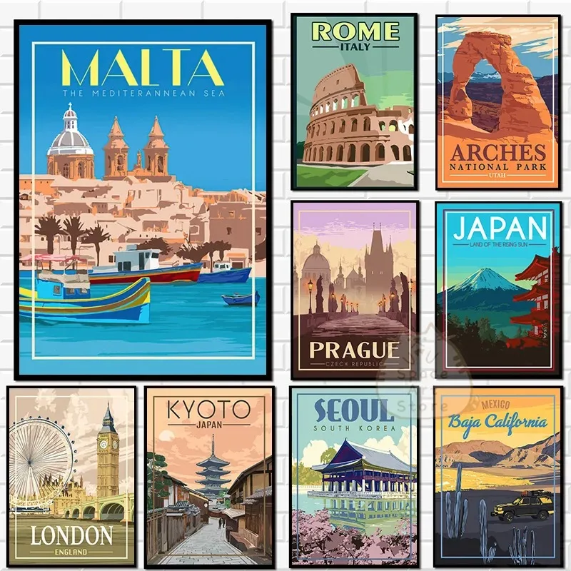 City View Travel Posters Rome Malta Seoul Japan Norway Wall Art Canvas Painting Modular HD Print Pictures for Living Room Dec