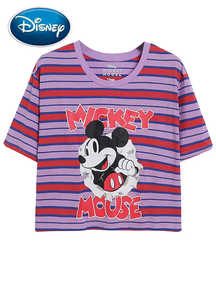 Disney T-Shirt Fashion Mickey Mouse Letter Striped Cartoon Print Harajuku Women O-Neck Pullover Short Sleeve Crop Tee Top Female