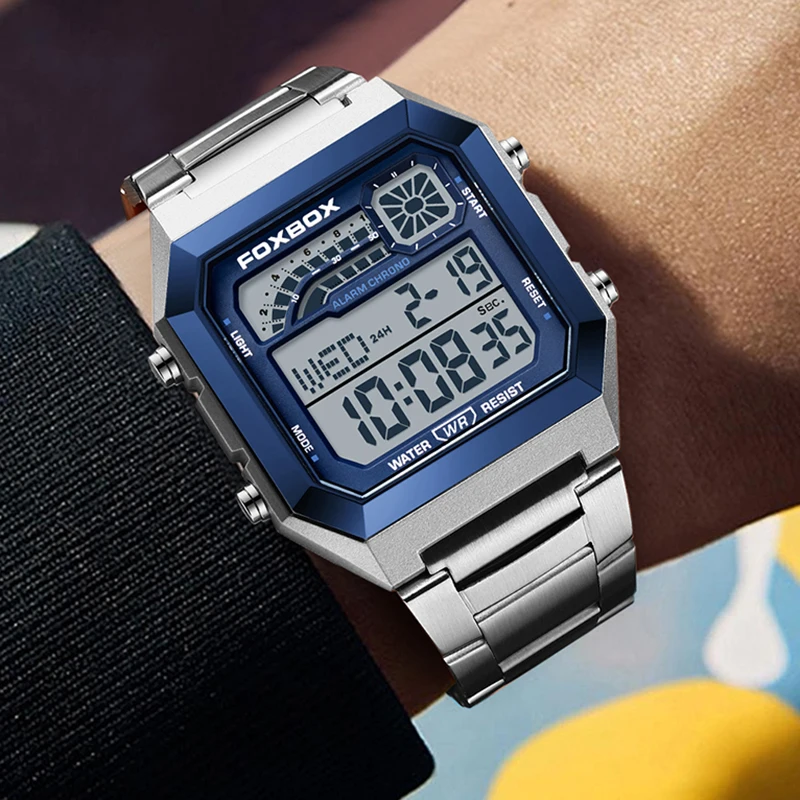 ساعات FOXBOX Fashion Square الرقمية للرجال رياضية عسكرية مقاومة للماء كوارتز للرجال كرونوغراف من الفولاذ المقاوم للصدأ