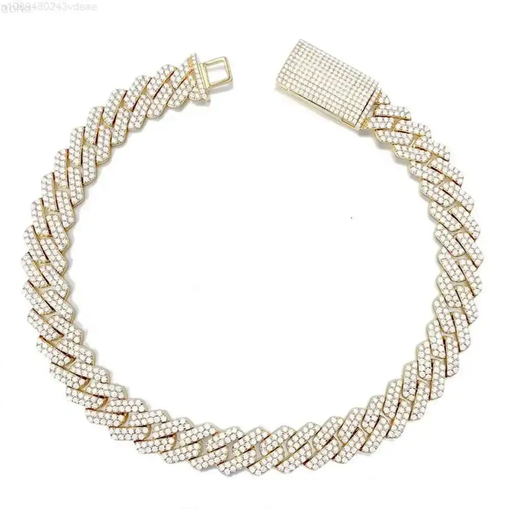 

2 ряда Vvs Lab Diamond Муассанит 15 мм из настоящего 10-каратного цельного золота Iced Out Cuban Link Chain
