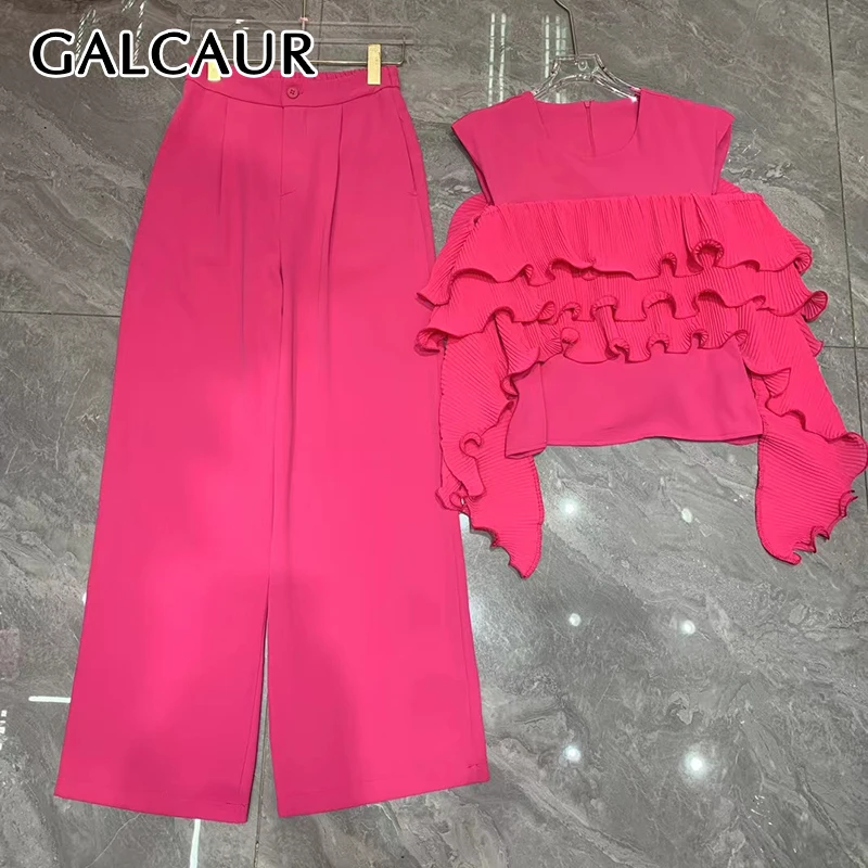 GALCAUR Solid Two Pieces Sets For Women Round Neck Sleeveless Spliced Ruffles Top High Waist Straight Pants Casual Set Female