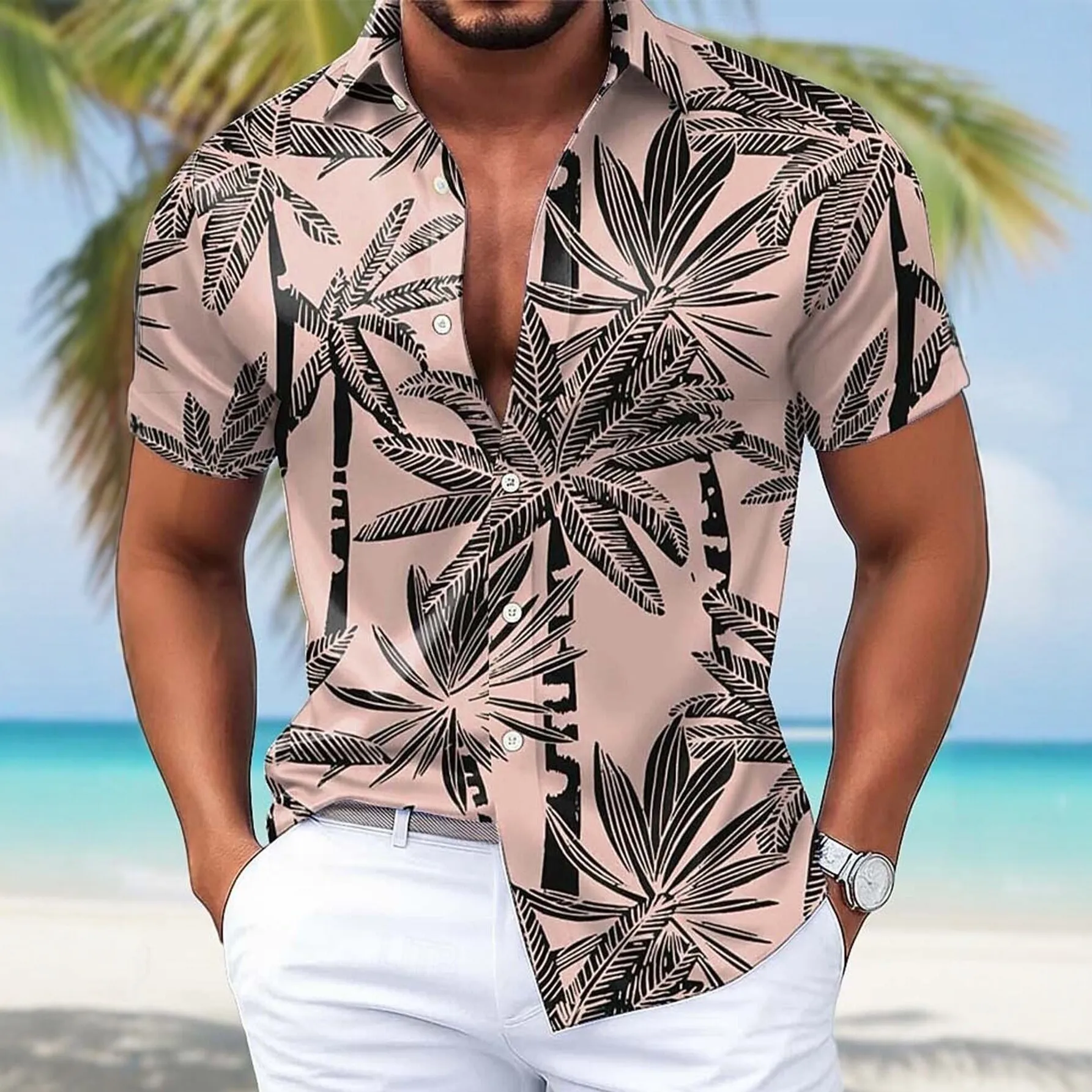 Men's Summer Shirt, Tropical Palm Beach Vacation Print, Loose-fitting Collared Shirt, Beach Casual Flowing Quick-drying Top