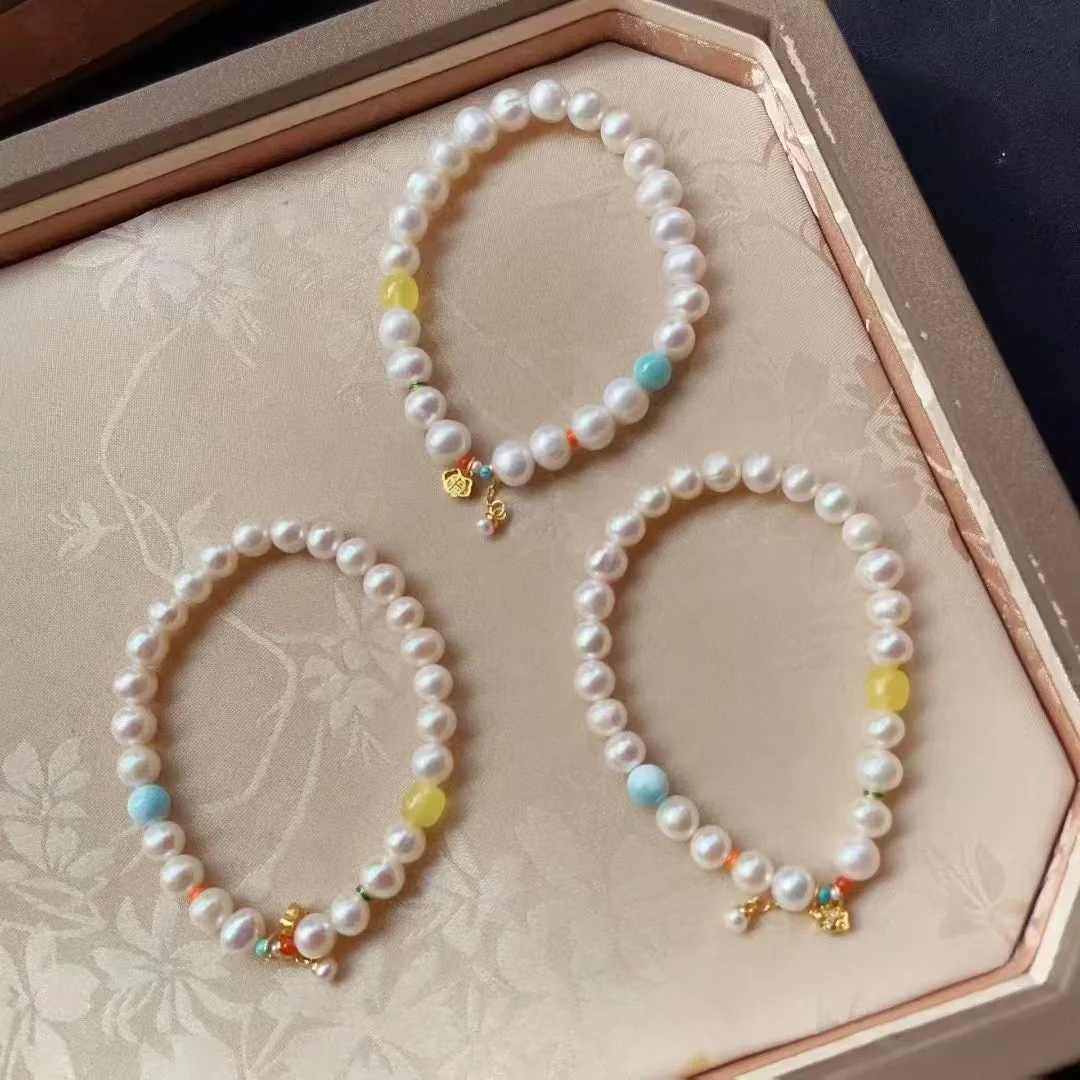 

Certificated 7.2mm Freshwater Pearl Elastic String 925 Silver Accessory Natural Amber Larima Beaded Cuff Bracelet Strand Jewelry