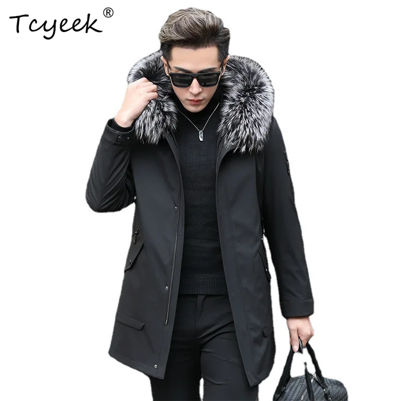 

Tcyeek Rabbit Fur Inner Liner Autumn Winter Trendy Fox Fur Collar Hooded Medium Long Men's Parka Casaco Inverno Masculino