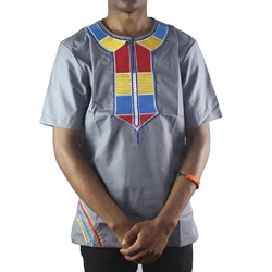 2024 Summer Dashiki Traditional Clothes Gray African Print T-shirt Round Collar Short Sleeve Women Tops Streetwear Ethnic Style