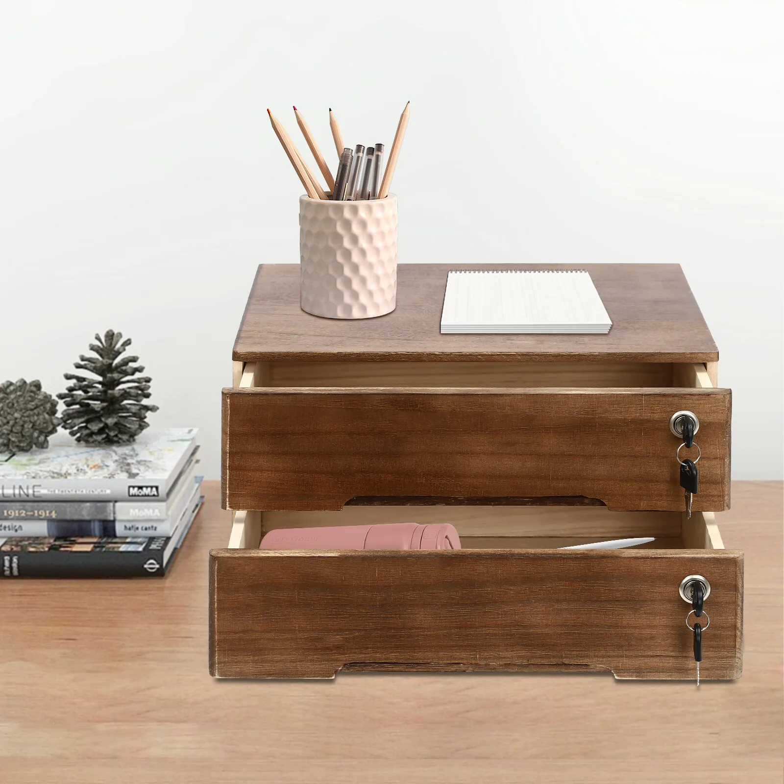 2-Tier Wooden Desktop Compact Jewelry Drawer Storage Box Table Cabinet Holder Organizer Chest Walnut 40*28cm