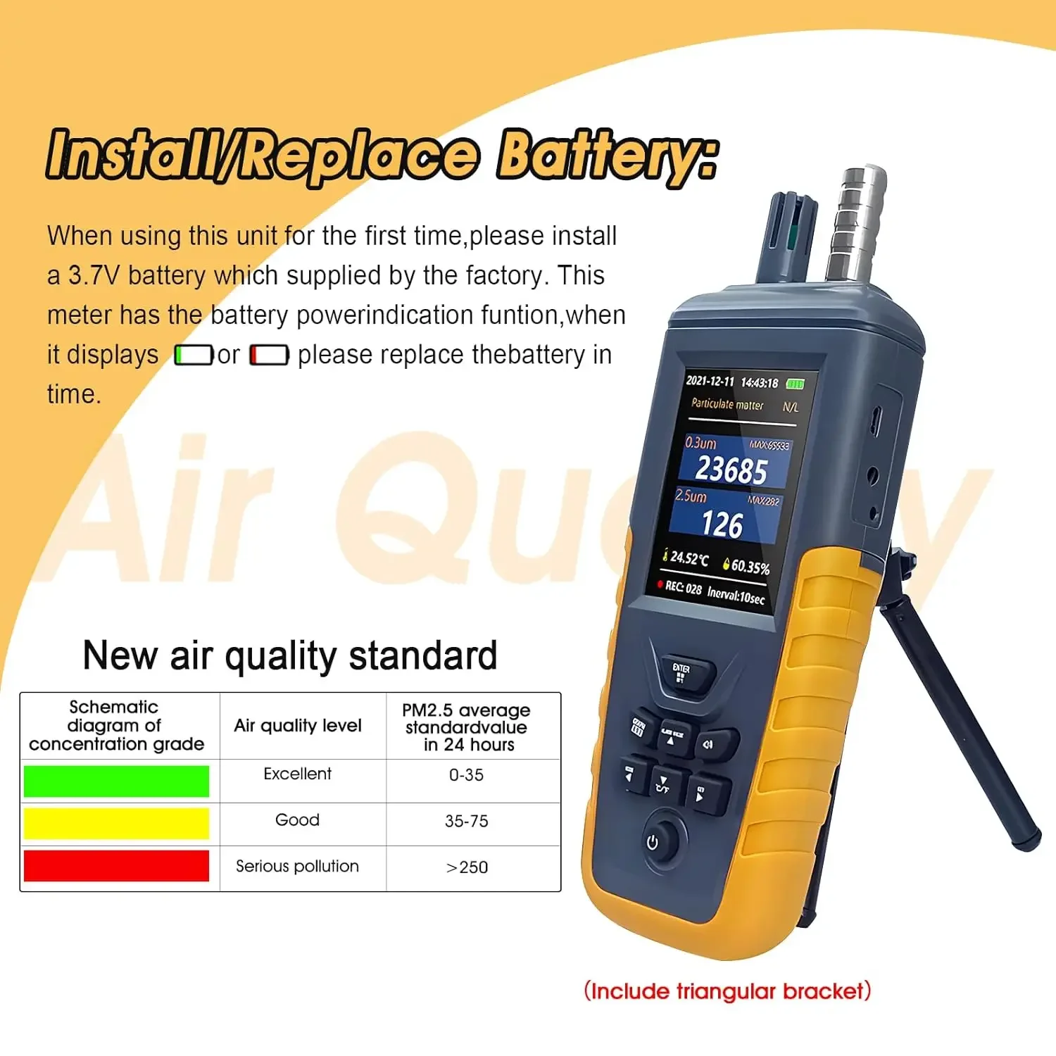 Dust Particle Counter Air Quality Monitor TC-8100 High Sensitivity 3-channel Pm0.3/2.5/10um Temperature and Humidity Monitor