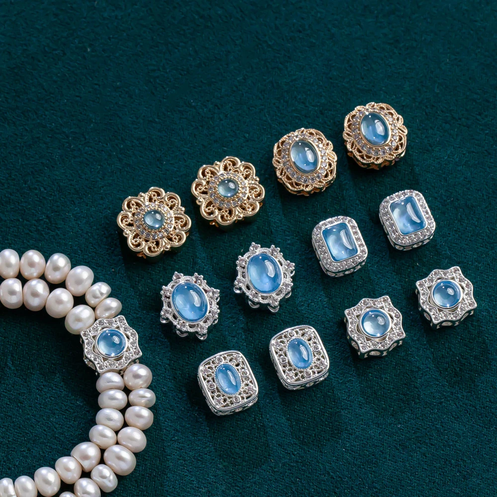 [White K model] Zircon electroplated imitation aquamarine porous copper plated round polygonal bead spacer DIY necklace 2pcs