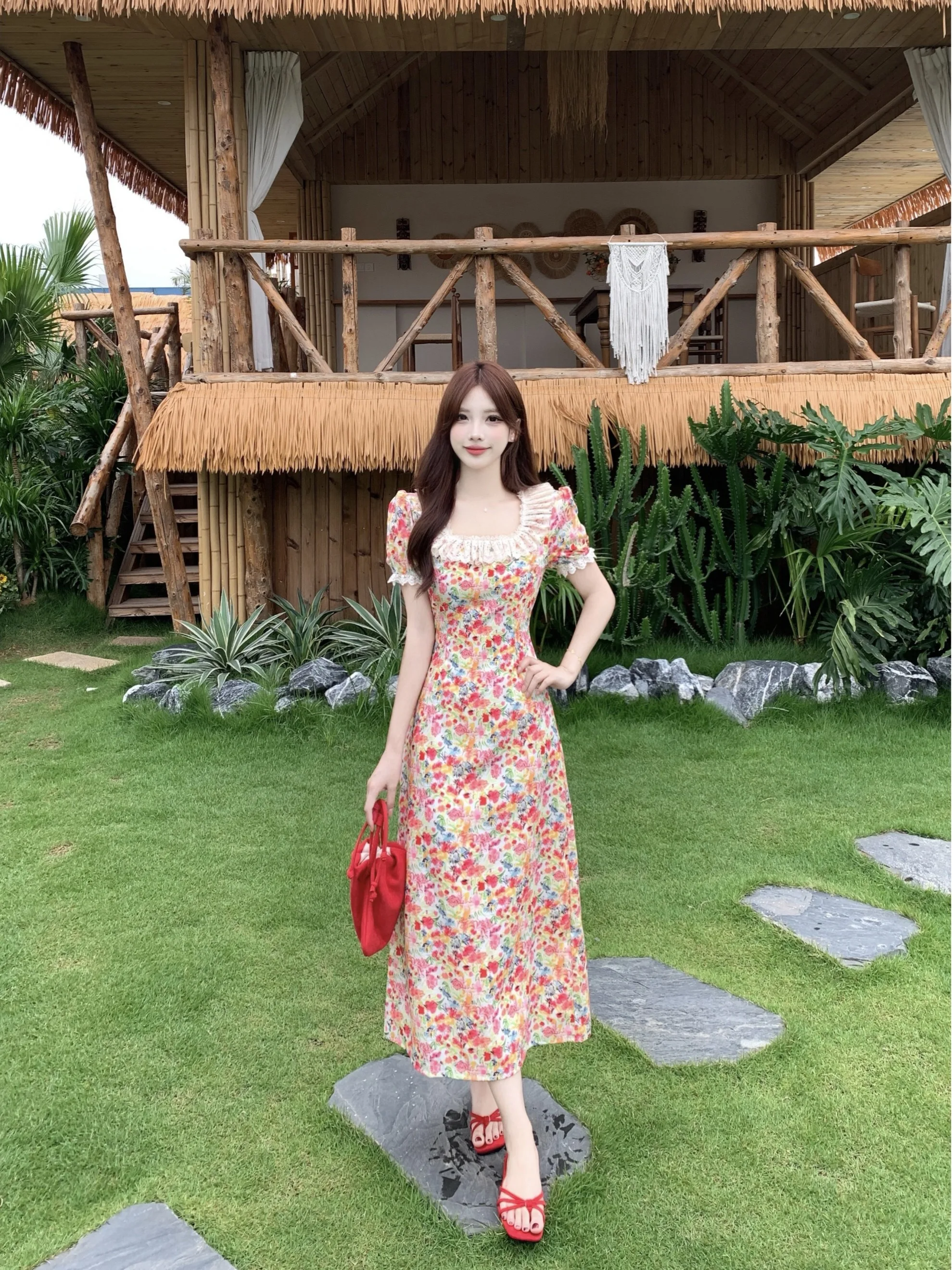 

plus Size Women's Floral Lace Summer Dress Square Collar Tea Break Slimming Long Skirt French Style Loose Fit Handmade Pleating