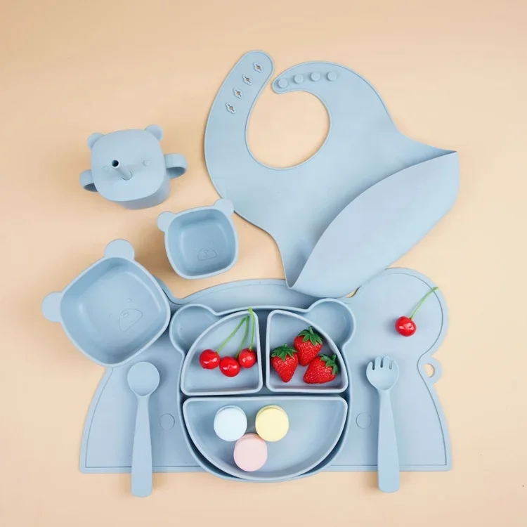 Wholesales Baby Feeding Products Animals Shape Silicone BPA Free Kids Bibs Placemat Cup Spoon Fork Baby Feeding Set
