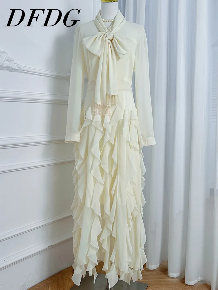

DFDG женское шифоновое платье весна-осень 2025 с рюшами и длинными рукавами, галстуком-бабочкой на талии, элегантное многоярусное облегающее платье макси с кружевной отделкой