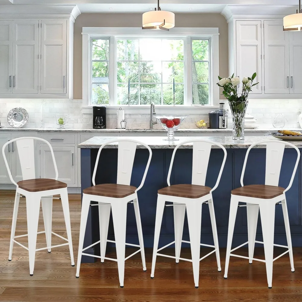 مقاعد بار معدنية بارتفاع عداد على الطراز الصناعي مع مقاعد خشبية، مجموعة من 4 قطع، 24 مرتفعة