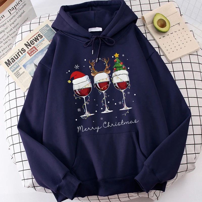 

Women's Merry Christmas Wine Glasses Graphic Print Hoodies Casual Korean Style Hoody Sweatshirts Vintage 90s Pullovers Clothes
