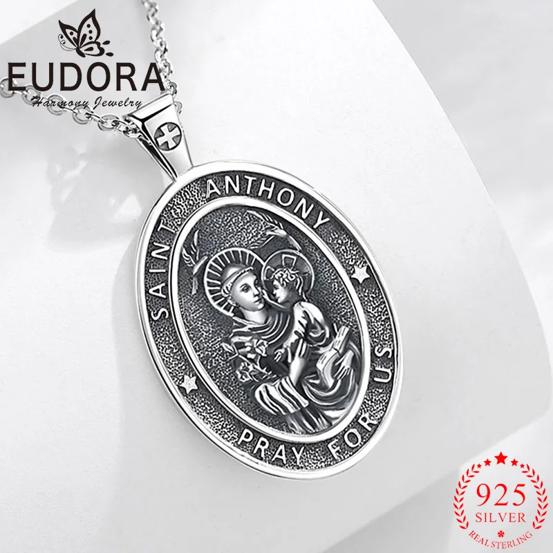Eudora 925 Sterling Silver Saint Anthony Necklace Religious Amulet Pray Pendant Vintage Medallion Jewelry Men Women Fine Gift