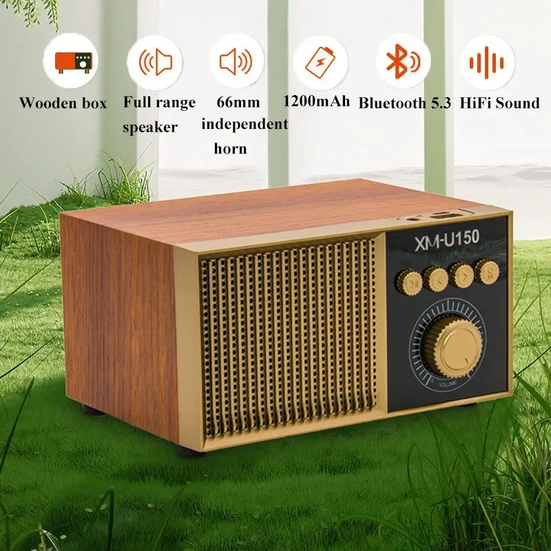 XM-U150 Retro Bluetooth Portable Speaker Wireless FM Radio Subwoofer Wireless High Fidelity Wooden Bluetooth Speaker Sound Box