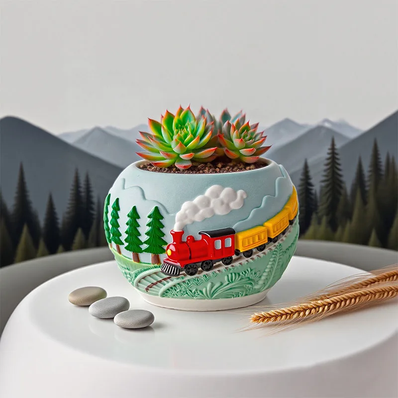 

Train Relief Succulent Flowerpot Silicone Mold Painting Plaster Vase Scented Candle Cups Molds Cement Gypsum Storage Box Mould