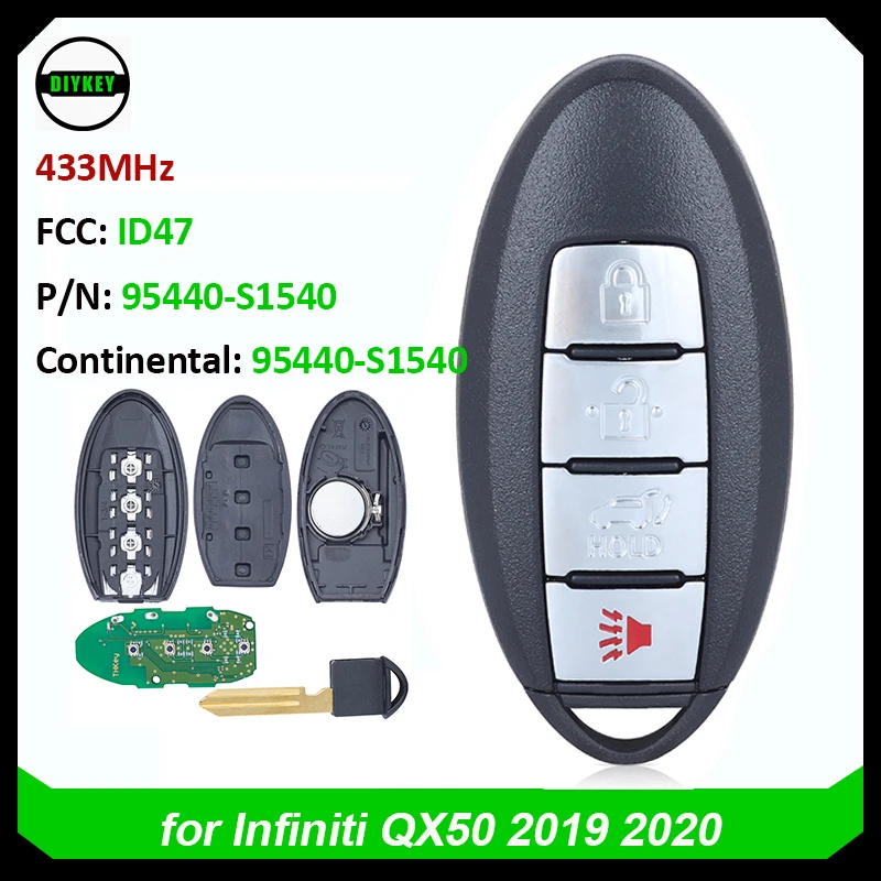 DIYKEY S180144701 Smart Remote Key Fob 4 Button for Infiniti QX50 2019 2020 2021 433.92MHz Car Key Fob KR5TXN1 285E3-5NA3A