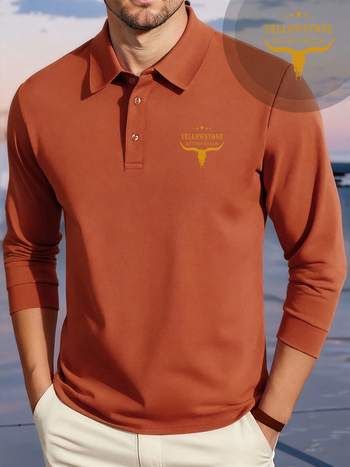 Yellow Stone Dutton Ranch Printed Men Polo Shirts Casual Fashion Shirt Business Button Long Sleeve Autumn Soft Lapel Tops