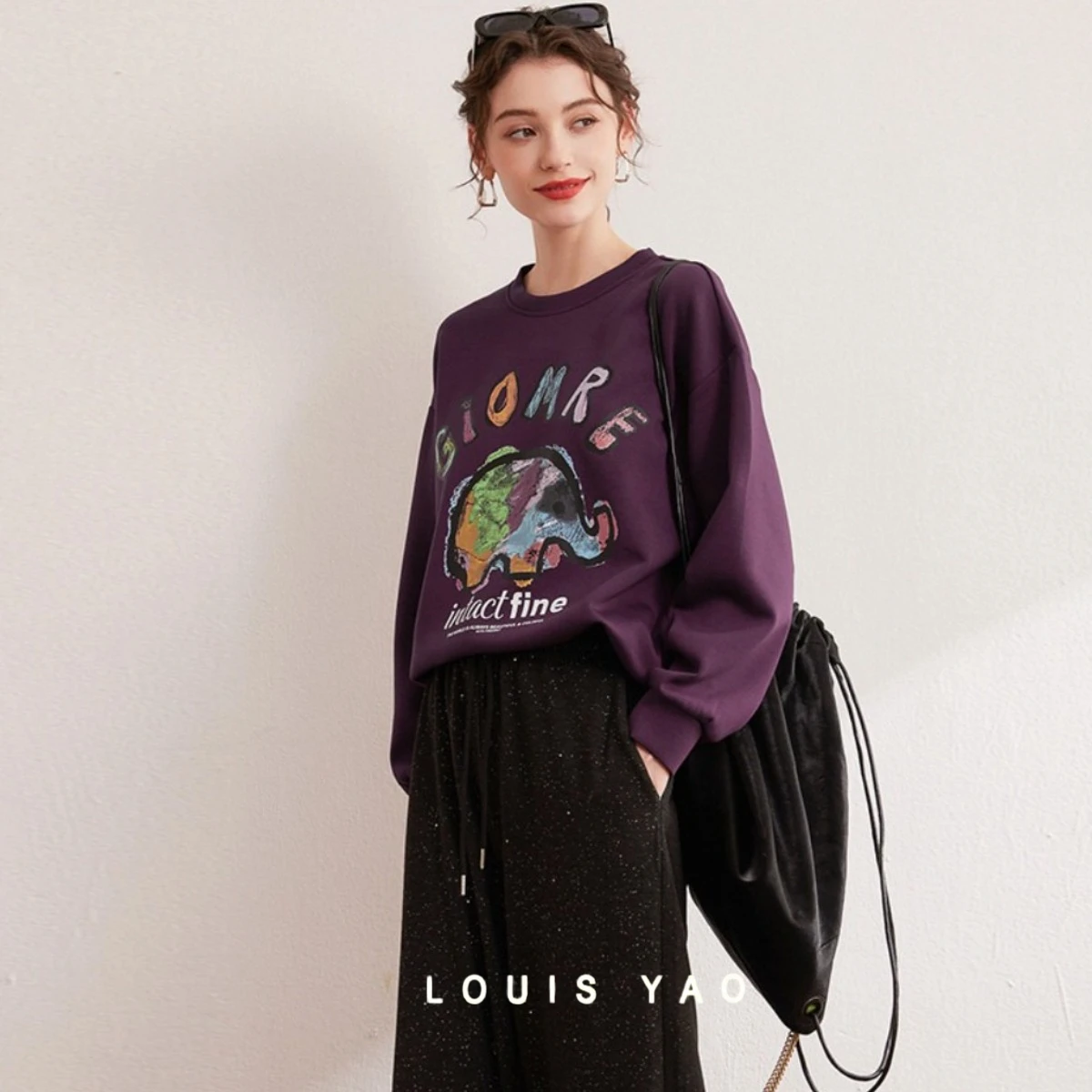  LOUIS YAO Lazy Style Graffiti Sweatershirt 2025 Autumn Contrast Colo Loose Hoodies Round Neck Long Sleeve Top Chic Wear