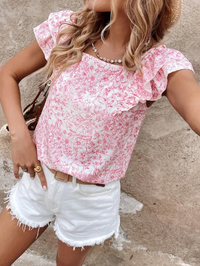 

2025 Summer Back Bow Floral Printed Ruffles T Shirt Women Square Neck Short Sleeve Slim Casual Versatile Sweet Girl Blouses